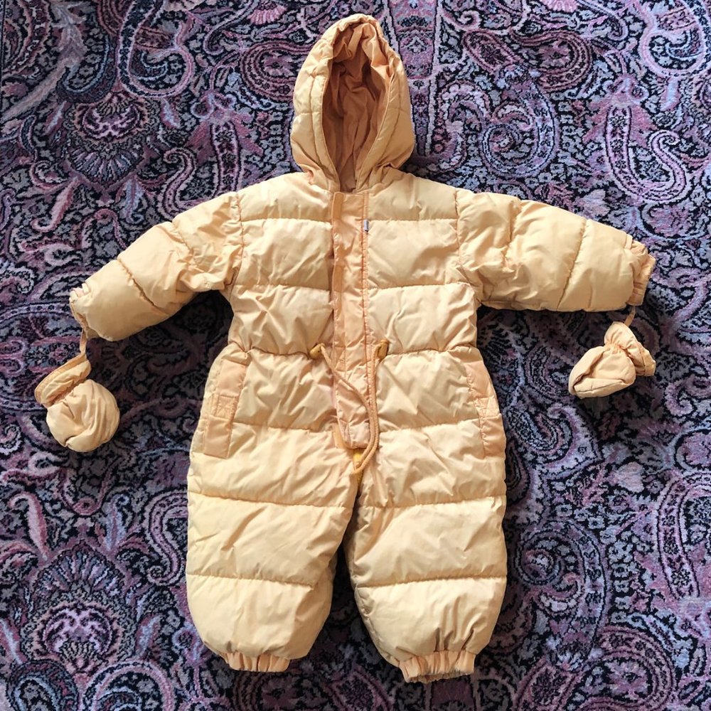 Bright yellow Jacadi duck down snow suit with integrated mittens. 12-18M